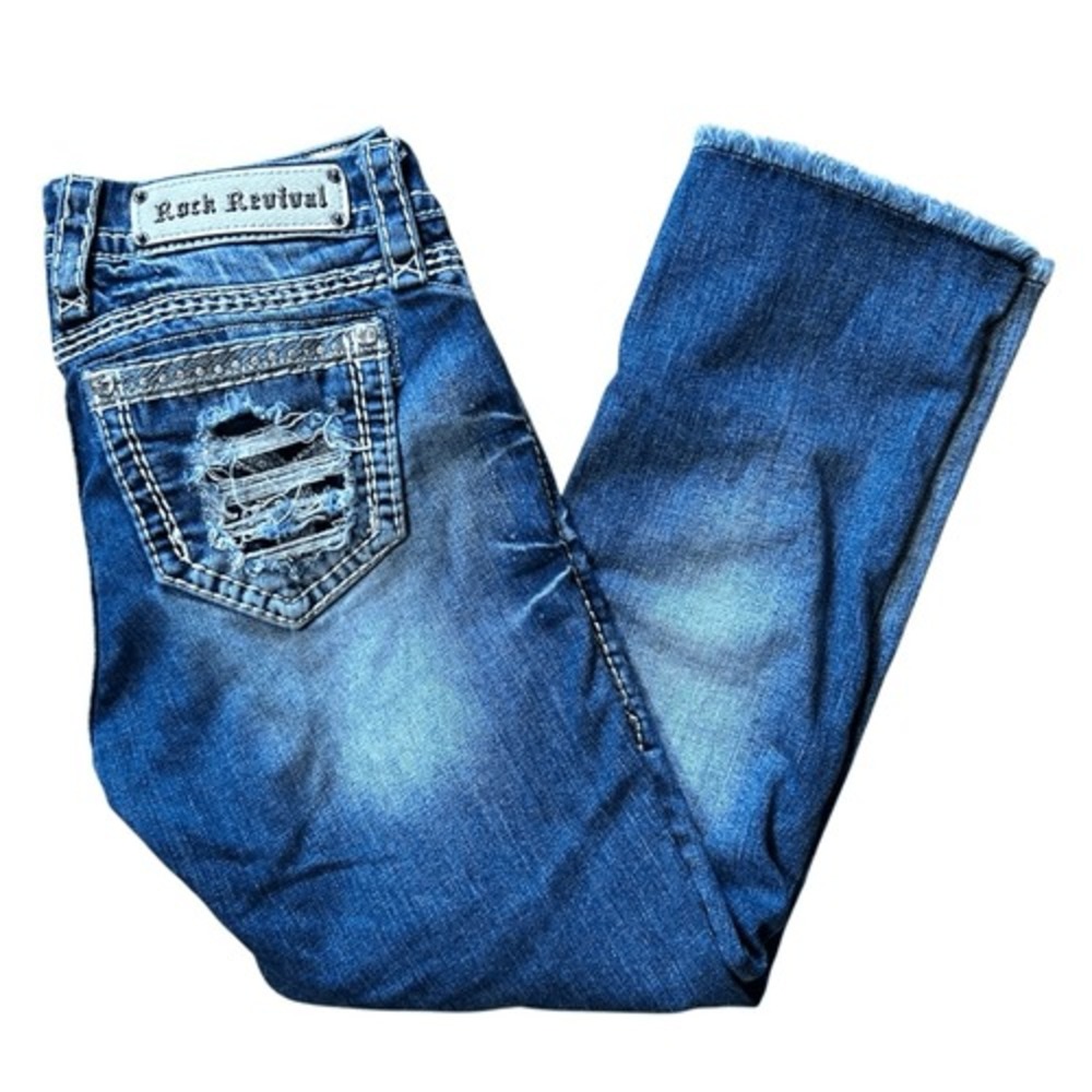 Rock Revival Sherry Easy Capri Distressed Denim Cropped Cuffed Curvy Jeans 26 - Picture 2 of 9